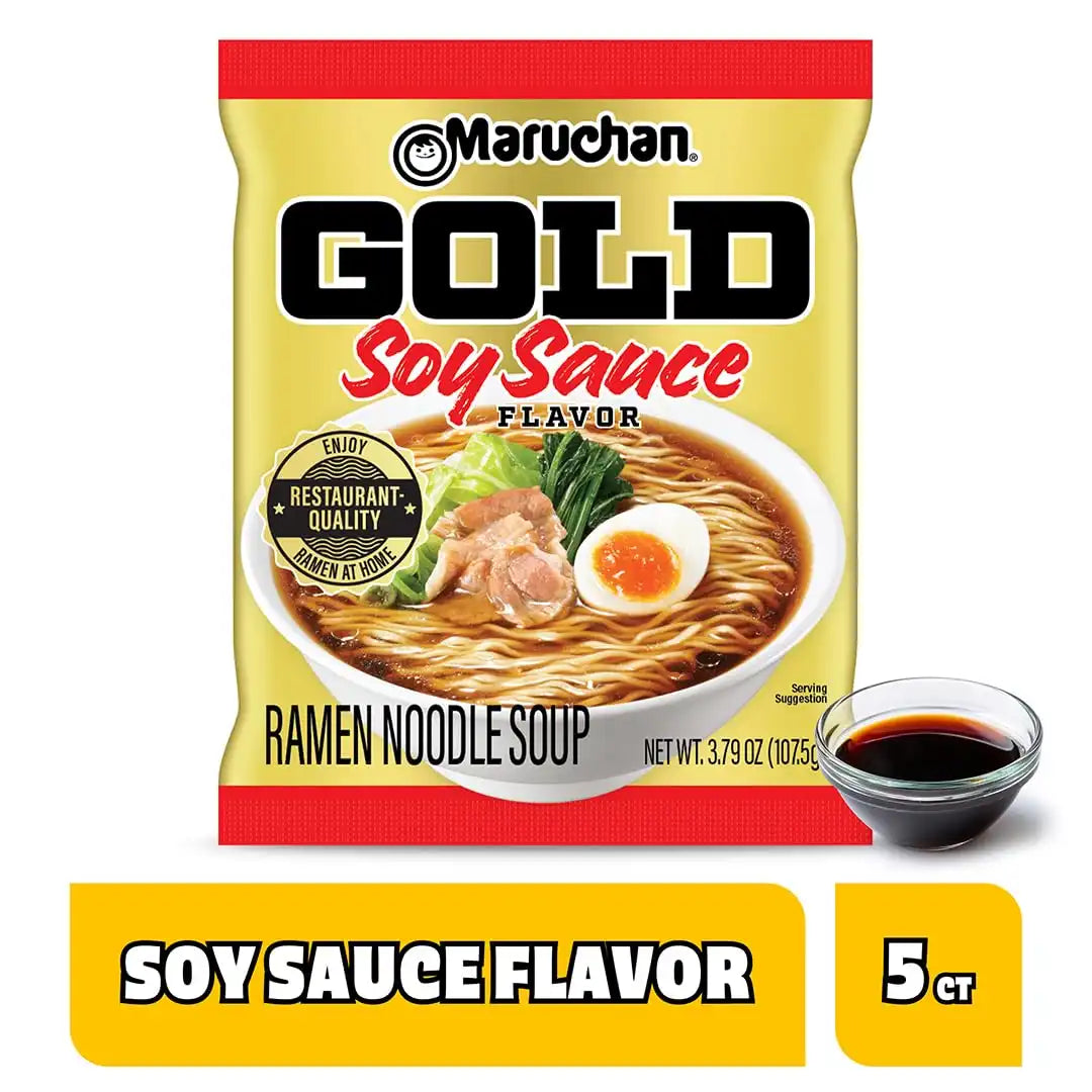 Maruchan Gold Ramen Noodle Soup, Soy Sauce Flavor – Restaurant Quality Japanese-Style Instant Noodles, Quick & Easy Meal – 3.79 Oz. (5 Pack)