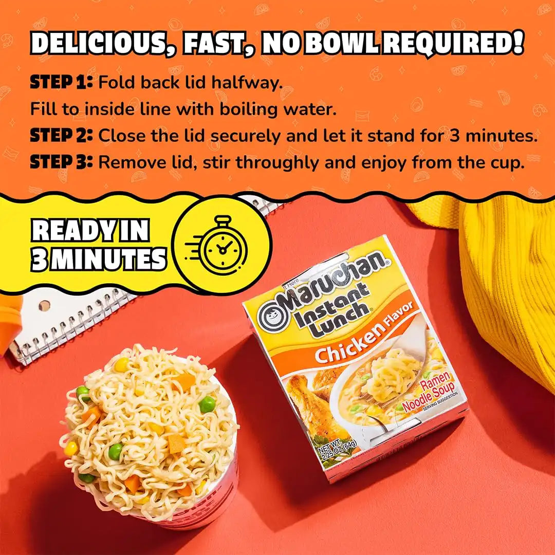 Maruchan Instant Lunch Ramen Noodles, Chicken Flavor – Japanese-Style Instant Noodle Soup, Easy Meal Ready in 3 Minutes – 2.25 Oz. (12 Pack)