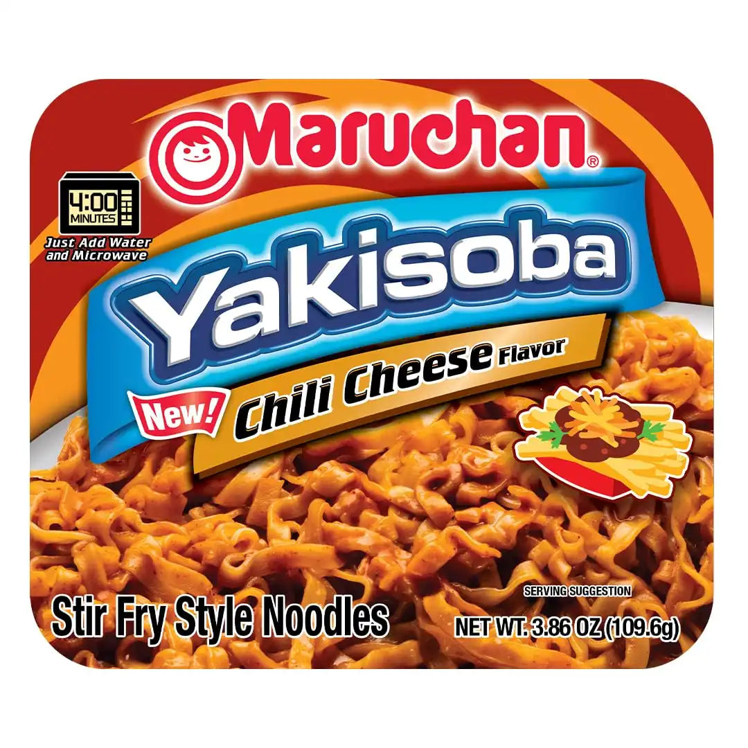 Maruchan Yakisoba, Chili Cheese Flavor – Stir-Fried Japanese Instant Ramen Noodles, High Protein Microwavable Meal – 3.86 Oz. (8 Pack)