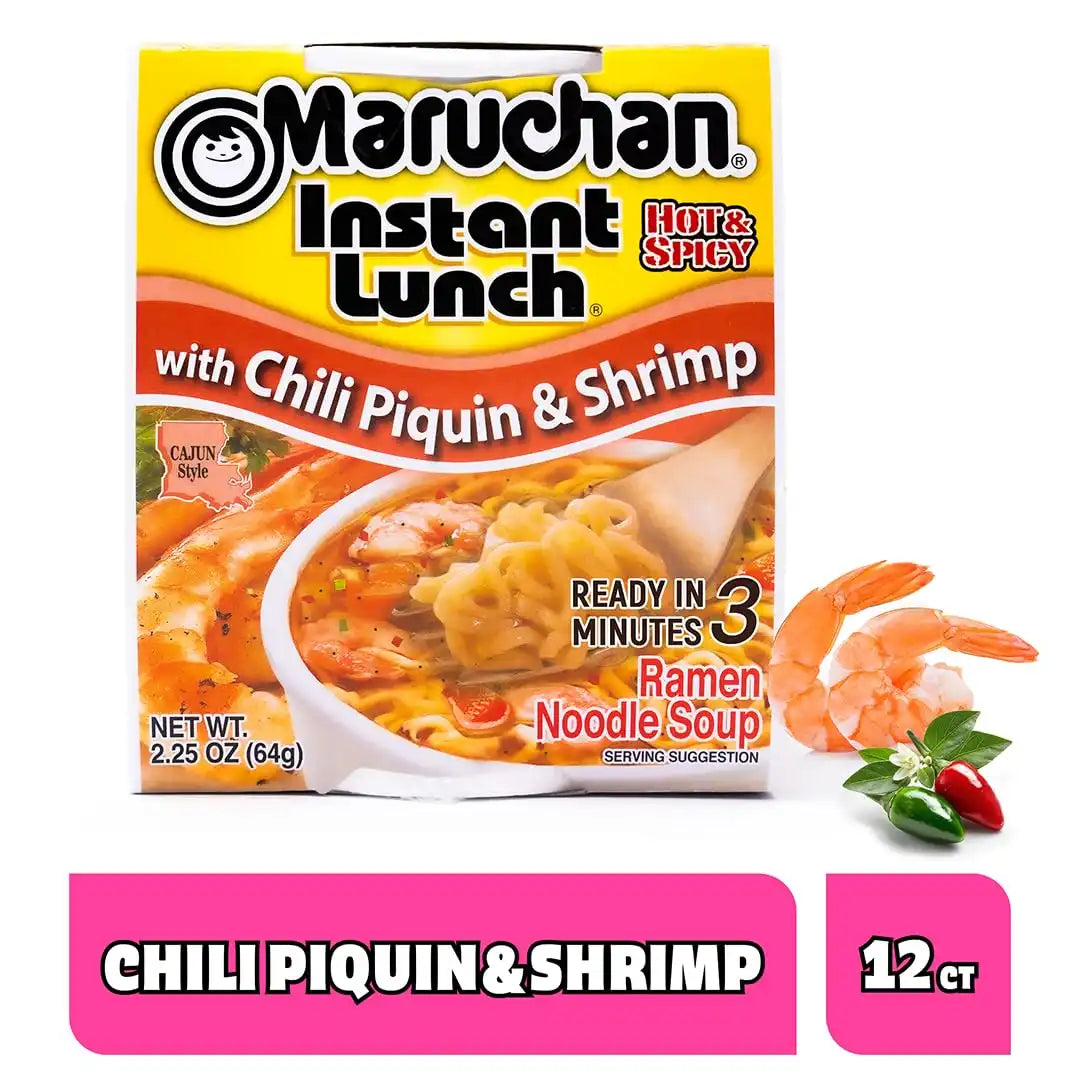 Maruchan Instant Lunch Ramen Noodles, Chili Piquin & Shrimp – Japanese-Style Instant Noodle Soup, Easy Meal Ready in 3 Minutes – 2.25 Oz. (12 Pack)