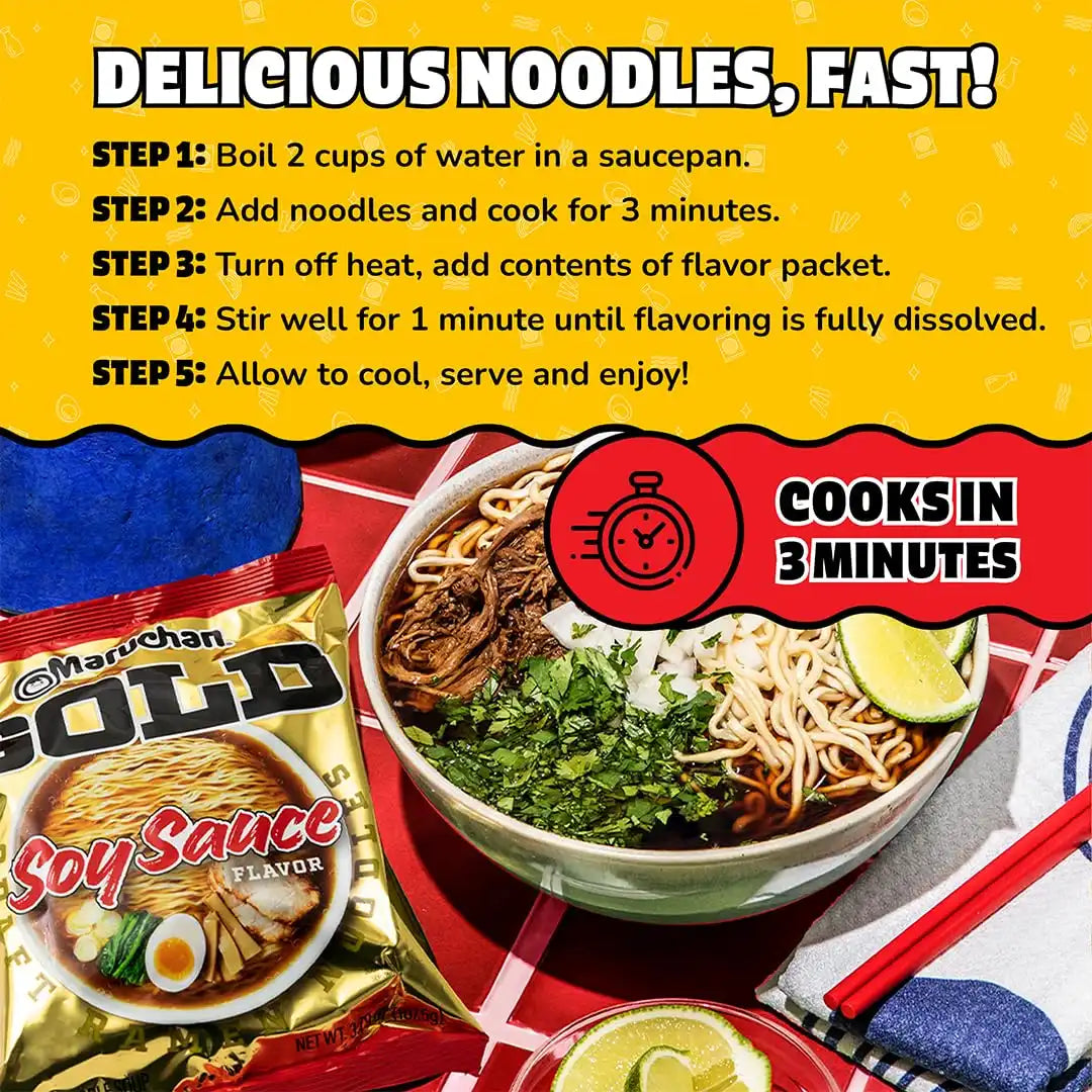 Maruchan Gold Ramen Noodle Soup, Soy Sauce Flavor – Restaurant Quality Japanese-Style Instant Noodles, Quick & Easy Meal – 3.79 Oz. (5 Pack)