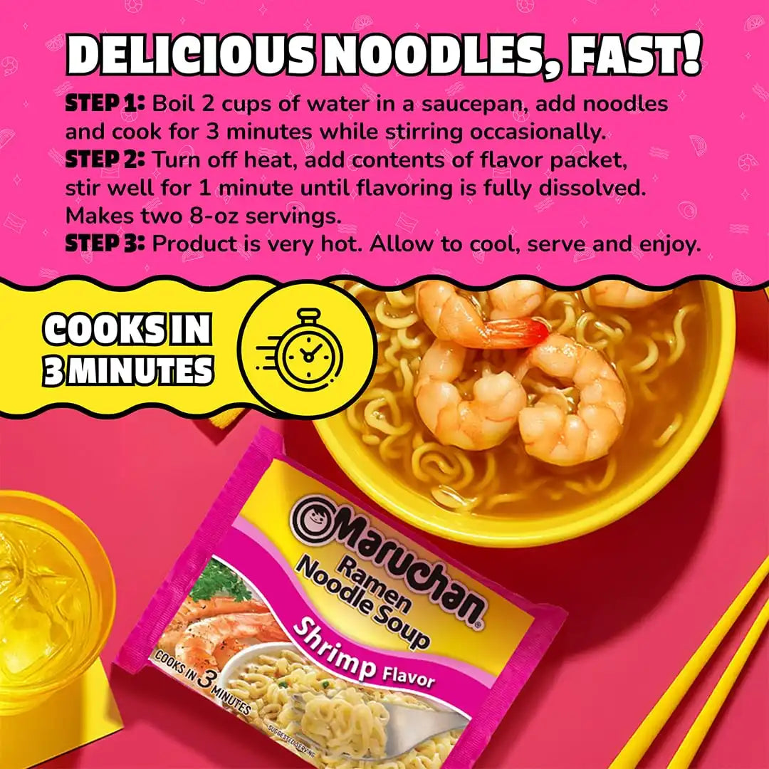 Maruchan Ramen Noodle Soup, Shrimp Flavor – Japanese-Style Instant Noodles, Quick & Easy Meal for Kids, Students & Busy Families – 3 Oz. (24 Pack)