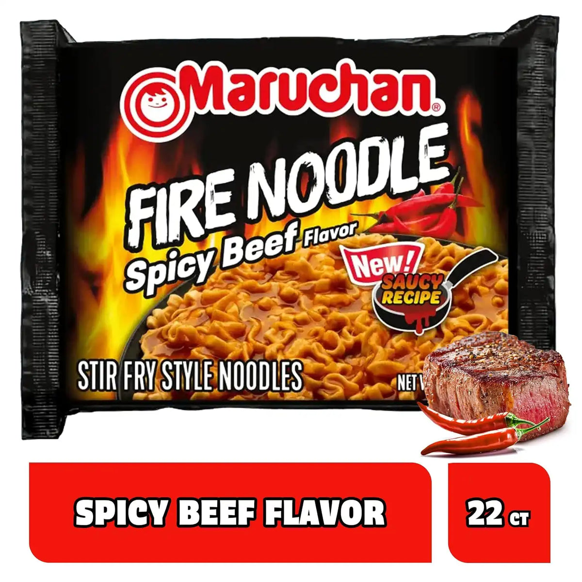 Maruchan Ramen Noodle Soup, FIRE Spicy Beef Flavor – Japanese-Style Instant Noodles, Quick & Easy Meal for Kids, Students & Busy Families – 3 Oz. (22 Pack)