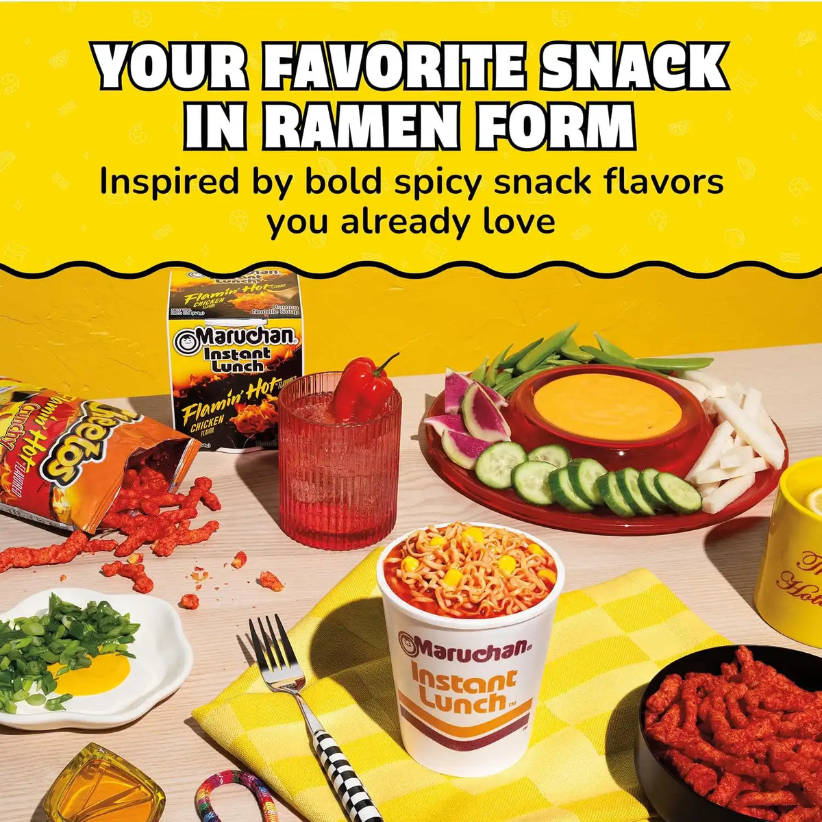 Maruchan Instant Lunch Ramen Noodles, Flamin' Hot Chicken Flavor – Japanese-Style Instant Noodle Soup, Easy Meal Ready in 3 Minutes – 2.25 Oz. (12 Pack)