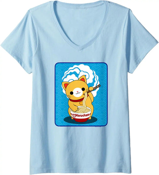 Maruchan Cat Eating Ramen Noodles V-Neck T-Shirt